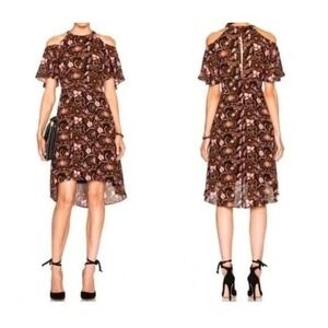 A.L.C. Silk Dress Size 4 Rust Pink Floral Cold Shoulder High Low Hem Open Back